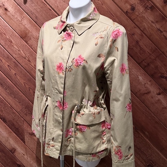 A Loves A Floral Cinched Waist Beige Pink Full Zip Lightweight Jacket Medium - Picture 4 of 12